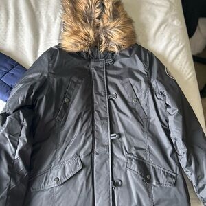 WoMen's Dark Blue Parka with Faux Fur Hood